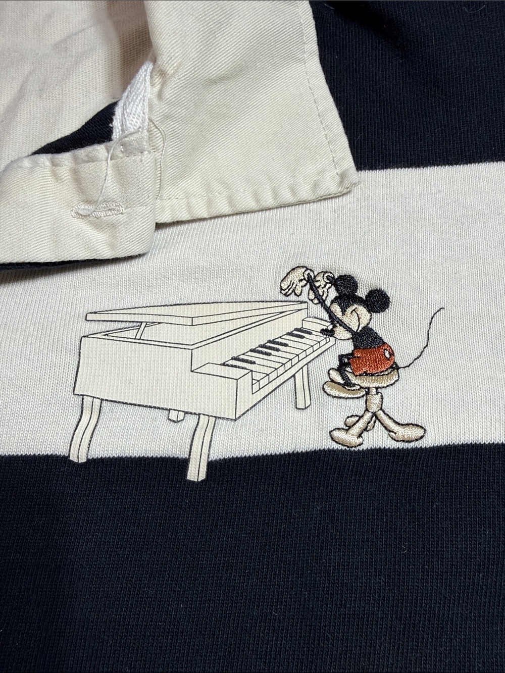 Disney Black and Cream Striped Polo Shirt with Embroidered Mickey Mouse - Picture 3 of 6